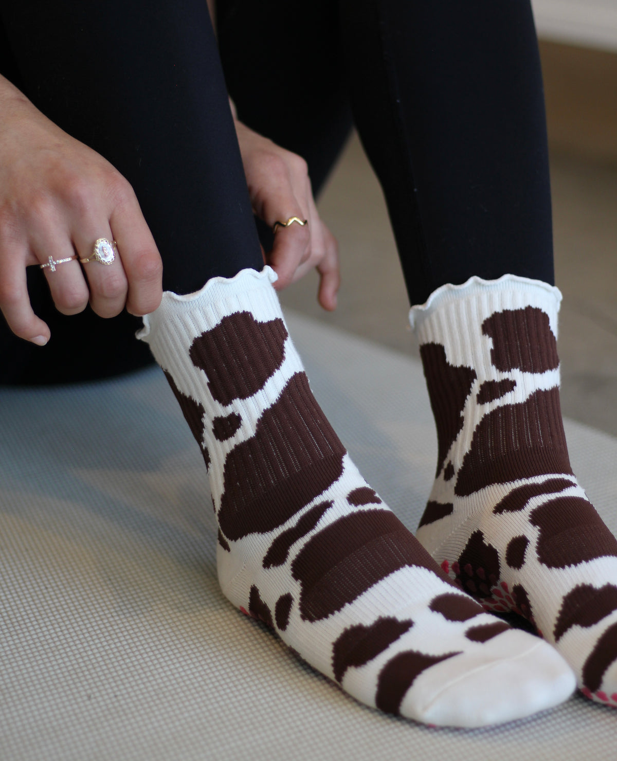 Non-Slip Cow Print Ruffle Socks